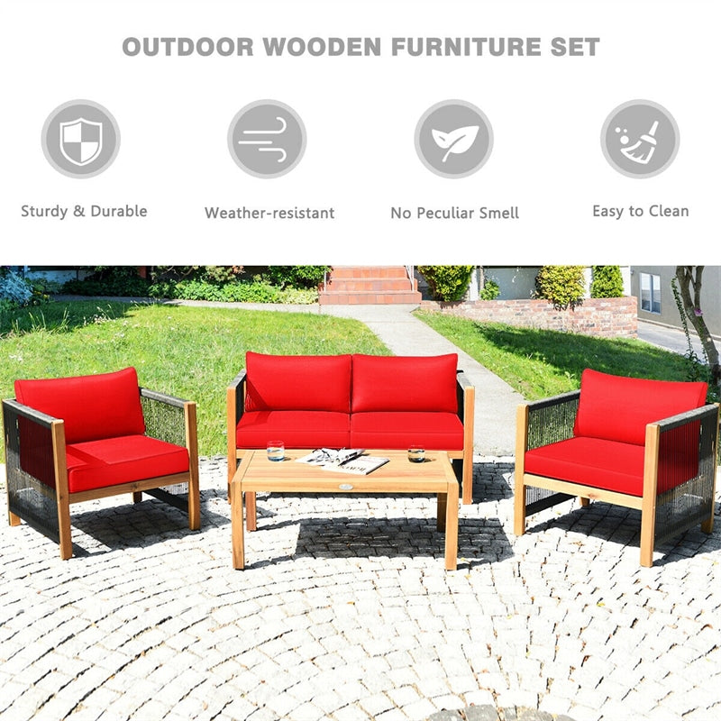 4 Piece Wood Patio Conversation Set Acacia Frame Outdoor Loveseat Sofa Set with Coffee Table & Cushions