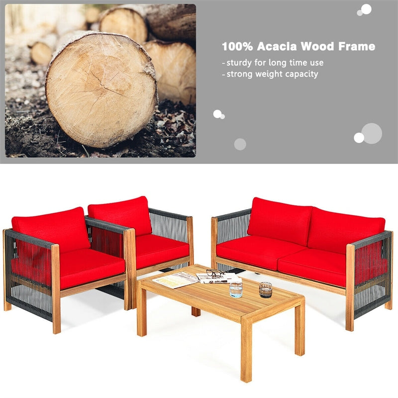 4 Piece Wood Patio Conversation Set Acacia Frame Outdoor Loveseat Sofa Set with Coffee Table & Cushions