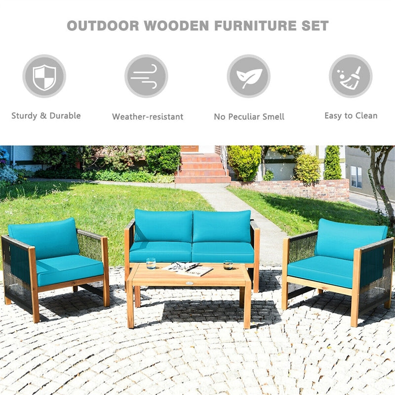 4 Piece Wood Patio Conversation Set Acacia Frame Outdoor Loveseat Sofa Set with Coffee Table & Cushions