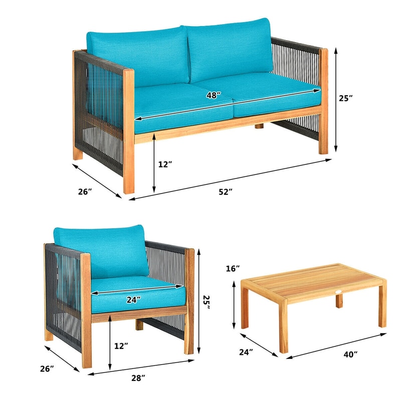 4 Piece Wood Patio Conversation Set Acacia Frame Outdoor Loveseat Sofa Set with Coffee Table & Cushions