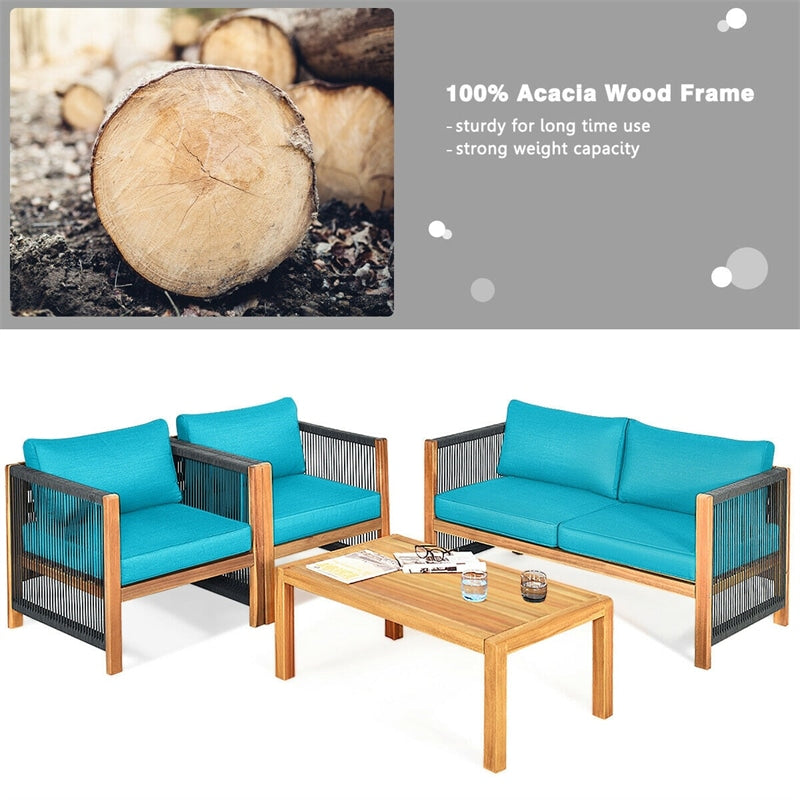 4 Piece Wood Patio Conversation Set Acacia Frame Outdoor Loveseat Sofa Set with Coffee Table & Cushions