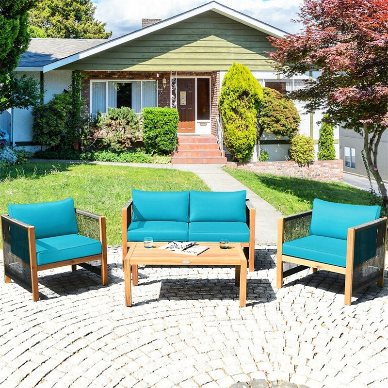 4 Piece Wood Patio Conversation Set Acacia Frame Outdoor Loveseat Sofa Set with Coffee Table & Cushions