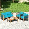 4 Piece Wood Patio Conversation Set Acacia Frame Outdoor Loveseat Sofa Set with Coffee Table & Cushions