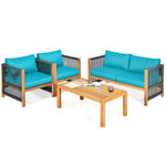 4 Piece Wood Patio Conversation Set Acacia Frame Outdoor Loveseat Sofa Set with Coffee Table & Cushions