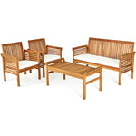 4 Piece Outdoor Acacia Wood Sofa Furniture Set with Waterproof Cushions, Padded Patio Conversation Table Chair Set for Garden Backyard Poolside