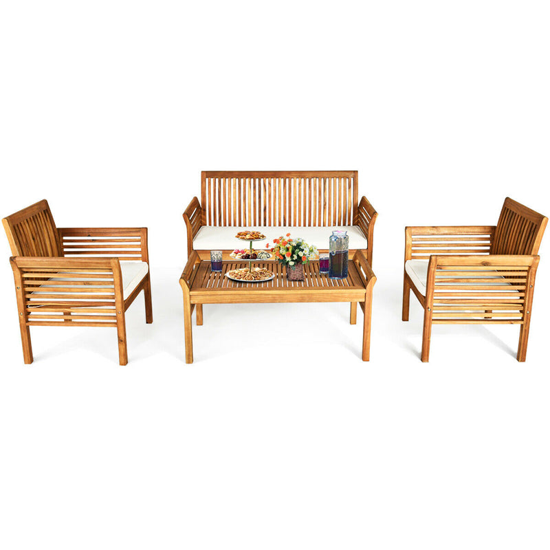 4 Piece Outdoor Acacia Wood Sofa Furniture Set with Waterproof Cushions, Padded Patio Conversation Table Chair Set for Garden Backyard Poolside