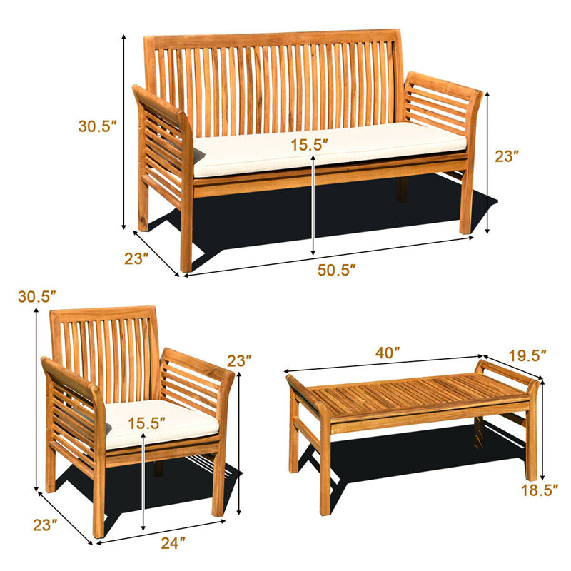 4 Piece Outdoor Acacia Wood Sofa Furniture Set with Waterproof Cushions, Padded Patio Conversation Table Chair Set for Garden Backyard Poolside