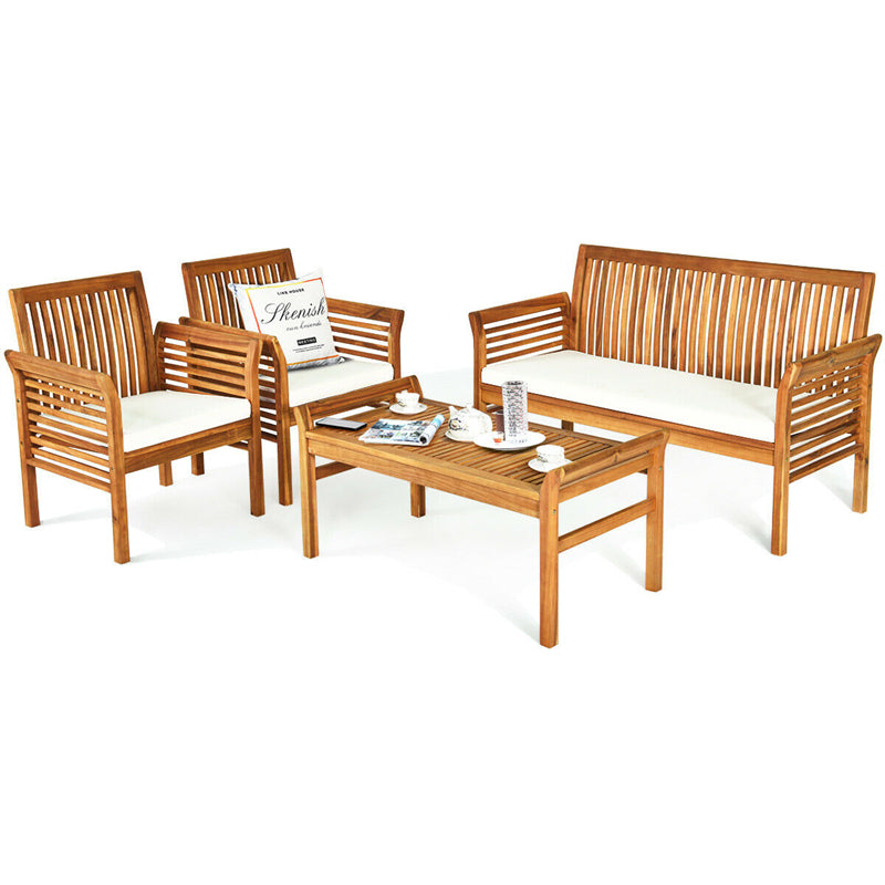 4 Piece Outdoor Acacia Wood Sofa Set with Waterproof Cushions & Coffee Table, Padded Patio Conversation Table Chair Set for Garden Backyard Poolside