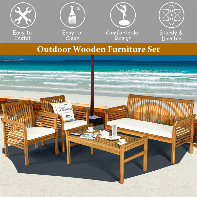 4 Piece Outdoor Acacia Wood Sofa Furniture Set with Waterproof Cushions, Padded Patio Conversation Table Chair Set for Garden Backyard Poolside