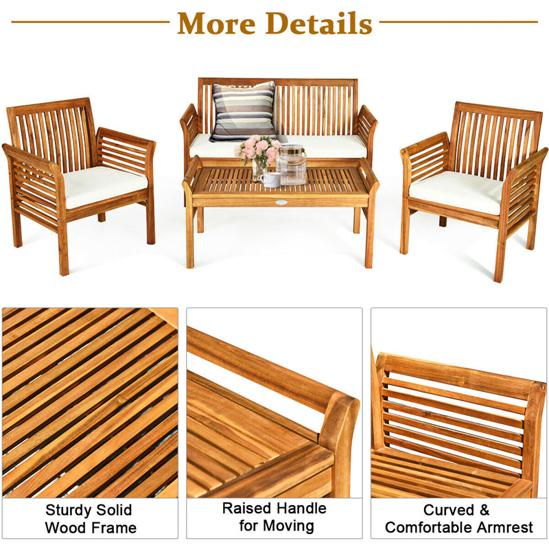 4 Piece Outdoor Acacia Wood Sofa Set with Waterproof Cushions & Coffee Table, Padded Patio Conversation Table Chair Set for Garden Backyard Poolside