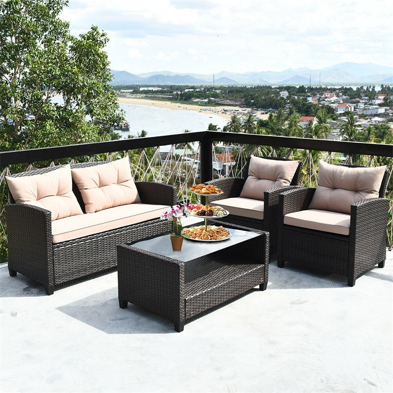 4 Piece Outdoor Rattan Furniture Set Patio Conversation Set with Bottom Shelf Coffee Table & Cushions