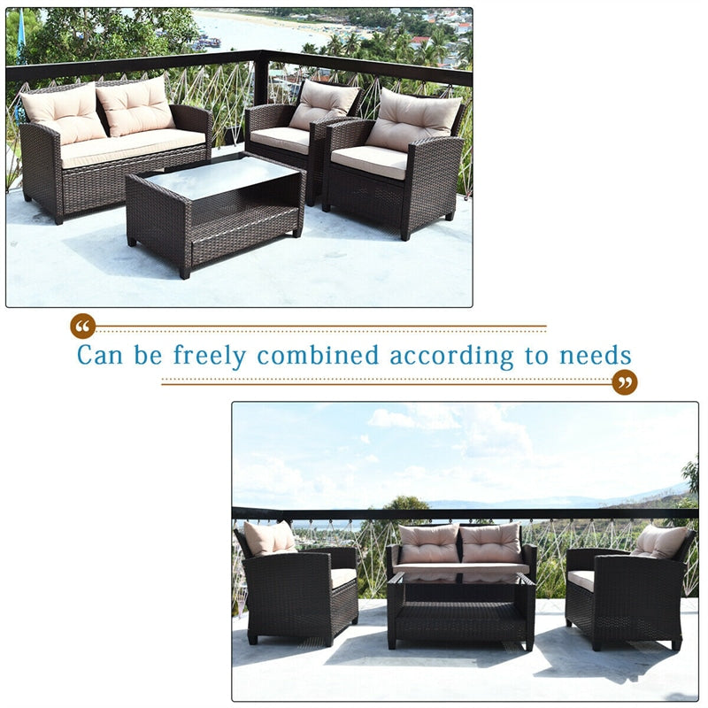 4 Piece Outdoor Rattan Furniture Set Patio Conversation Set with Bottom Shelf Coffee Table & Cushions