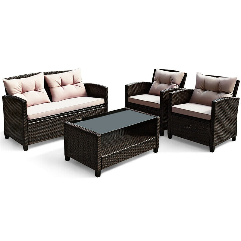 4 Piece Outdoor Rattan Furniture Set Patio Conversation Set with Bottom Shelf Coffee Table & Cushions