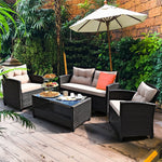 4 Piece Outdoor Rattan Furniture Set Patio Conversation Set with Bottom Shelf Coffee Table & Cushions