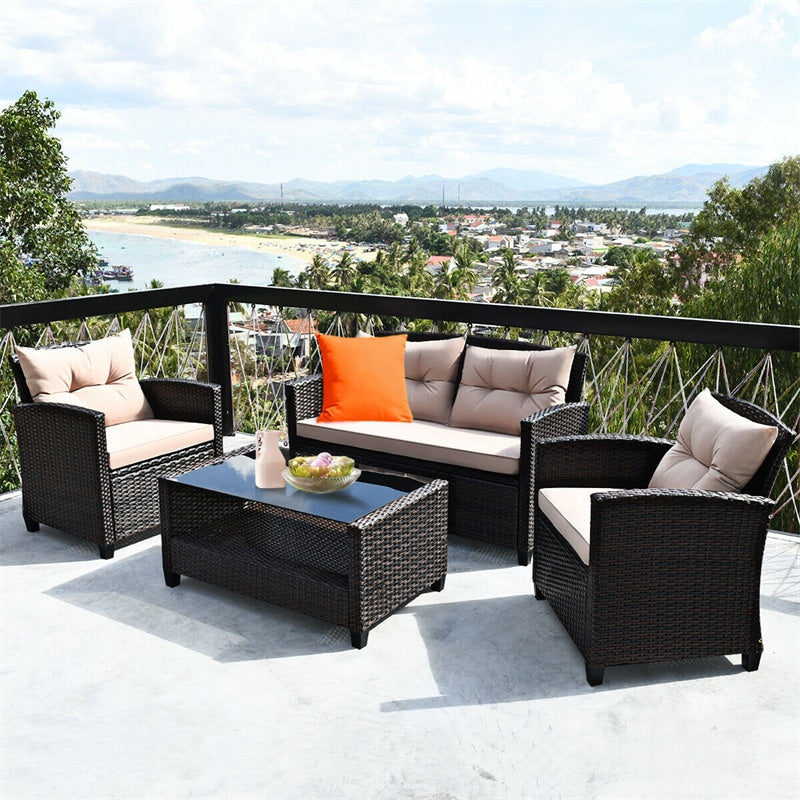 4 Piece Outdoor Rattan Furniture Set Patio Conversation Set with Bottom Shelf Coffee Table & Cushions