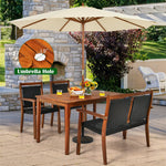 4 Piece Wicker Patio Dining Set for 4, Space Saving Outdoor Acacia Wood Dining Table & PE Rattan Loveseat Chairs Set with Umbrella Hole