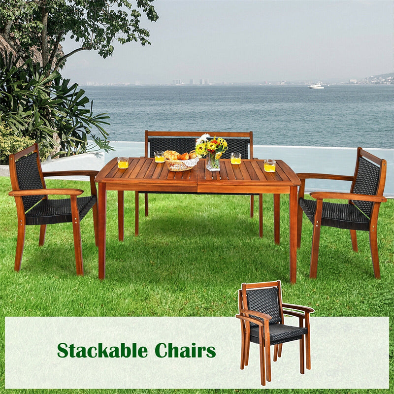 4 Piece Wicker Patio Dining Set for 4, Space Saving Outdoor Acacia Wood Dining Table & PE Rattan Loveseat Chairs Set with Umbrella Hole