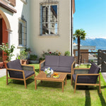 4 Piece Acacia Wood Rattan Patio Conversation Set with Acacia Wood Coffee Table & Soft Cushions