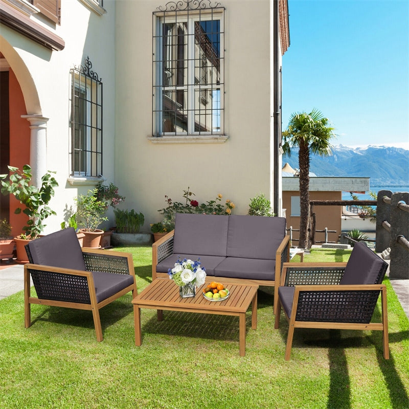 4 Piece Acacia Wood Rattan Patio Conversation Set with Acacia Wood Coffee Table & Soft Cushions