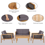 4 Piece Acacia Wood Rattan Patio Conversation Set with Acacia Wood Coffee Table & Soft Cushions