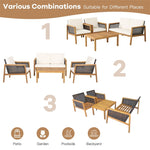 4 Piece Acacia Wood Rattan Patio Conversation Set with Acacia Wood Coffee Table & Soft Cushions