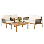 4 Piece Acacia Wood Rattan Patio Conversation Set with Acacia Wood Coffee Table & Soft Cushions