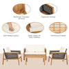 4 Piece Acacia Wood Rattan Patio Conversation Set with Acacia Wood Coffee Table & Soft Cushions