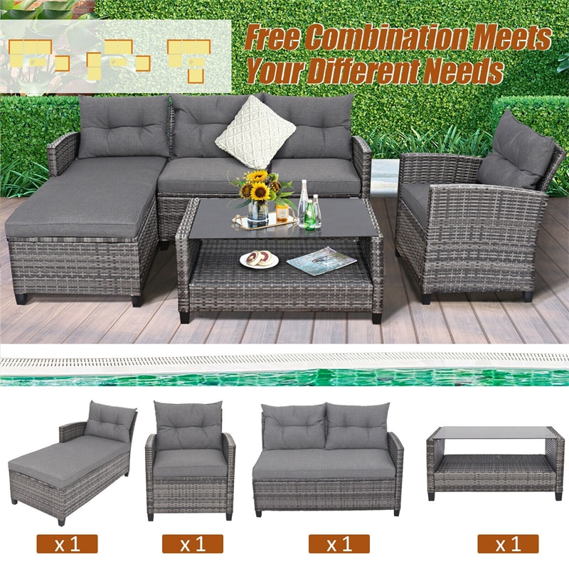 4 Piece Patio Rattan Furniture Set Garden Conversation Set Wicker Outdoor Sectional Set Lounge Sofa Ottoman with Cushions & Coffee Table