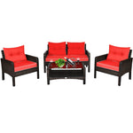 4 Piece Outdoor Wicker Furniture Set Rattan Patio Conversation Set with Coffee Table & Cushions