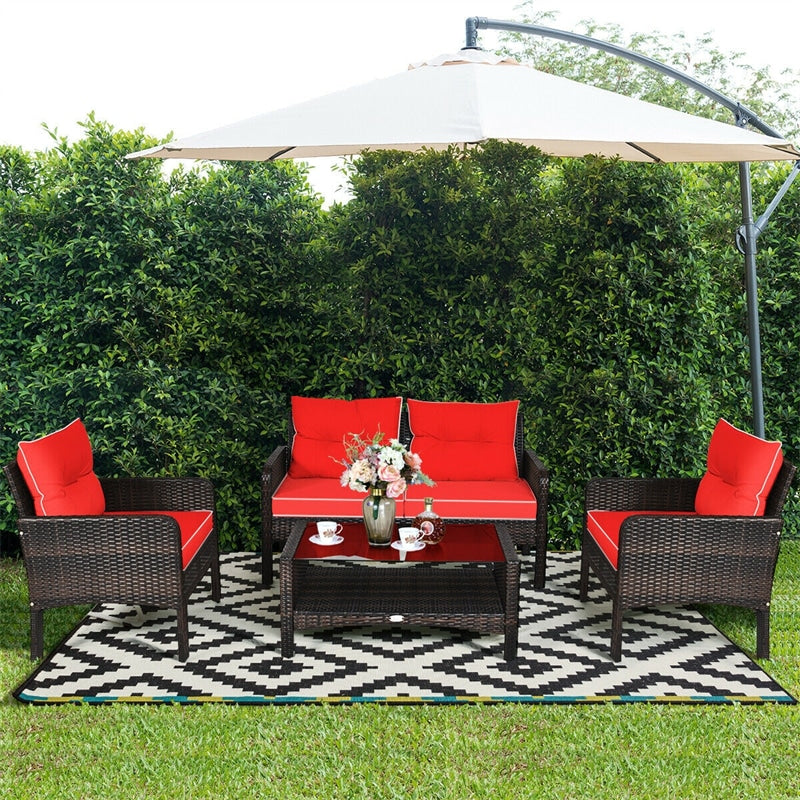 4 Piece Outdoor Wicker Furniture Set Rattan Patio Conversation Set with Coffee Table & Cushions