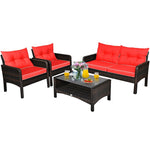 4 Piece Outdoor Wicker Furniture Set Rattan Patio Conversation Set with Coffee Table & Cushions