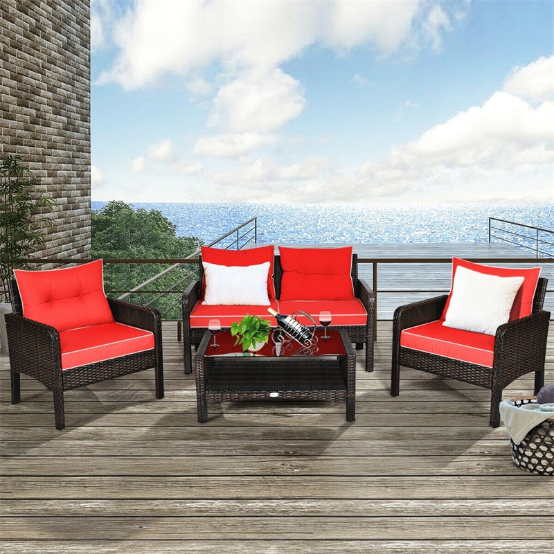 4 Piece Outdoor Wicker Furniture Set Rattan Patio Conversation Set with Coffee Table & Cushions