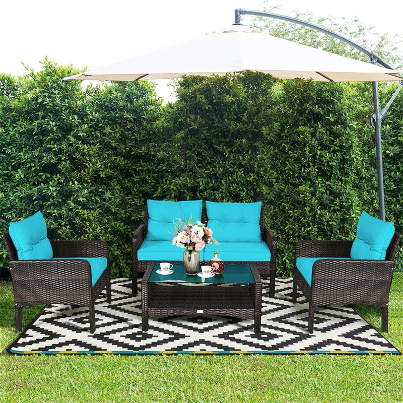 4 Piece Outdoor Wicker Furniture Set Rattan Patio Conversation Set with Coffee Table & Cushions