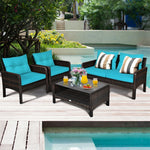 4 Piece Outdoor Wicker Furniture Set Rattan Patio Conversation Set with Coffee Table & Cushions