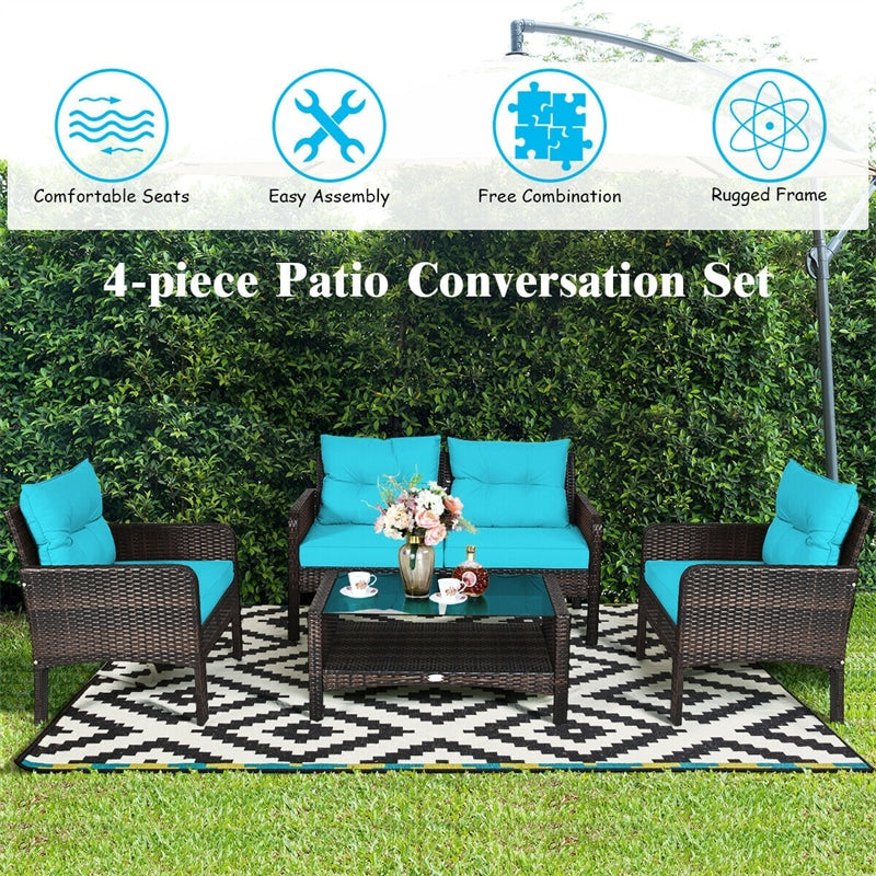 4 Piece Outdoor Wicker Furniture Set Rattan Patio Conversation Set with Coffee Table & Cushions