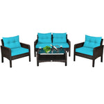 4 Piece Outdoor Wicker Furniture Set Rattan Patio Conversation Set with Coffee Table & Cushions