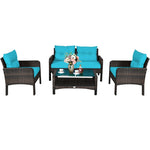 4 Piece Outdoor Wicker Furniture Set Rattan Patio Conversation Set with Coffee Table & Cushions