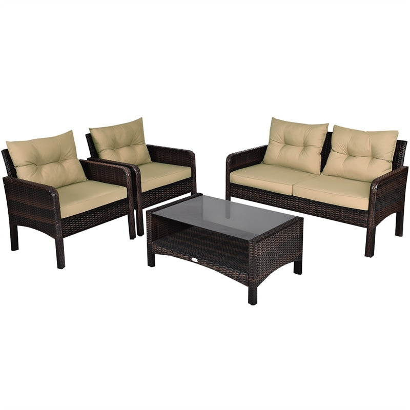 4 Piece Outdoor Wicker Furniture Set Rattan Patio Conversation Set with Coffee Table & Cushions