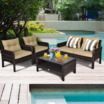 4 Piece Outdoor Wicker Furniture Set Rattan Patio Conversation Set with Coffee Table & Cushions