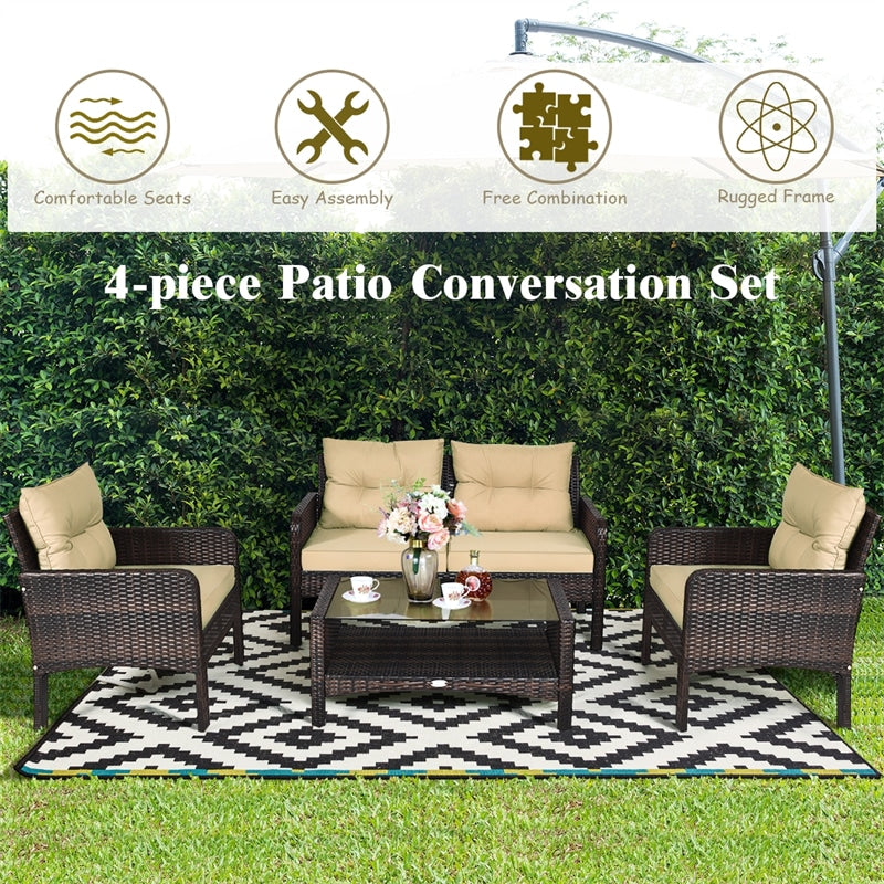 4 Piece Outdoor Wicker Furniture Set Rattan Patio Conversation Set with Coffee Table & Cushions