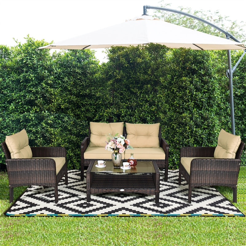 4 Piece Outdoor Wicker Furniture Set Rattan Patio Conversation Set with Coffee Table & Cushions