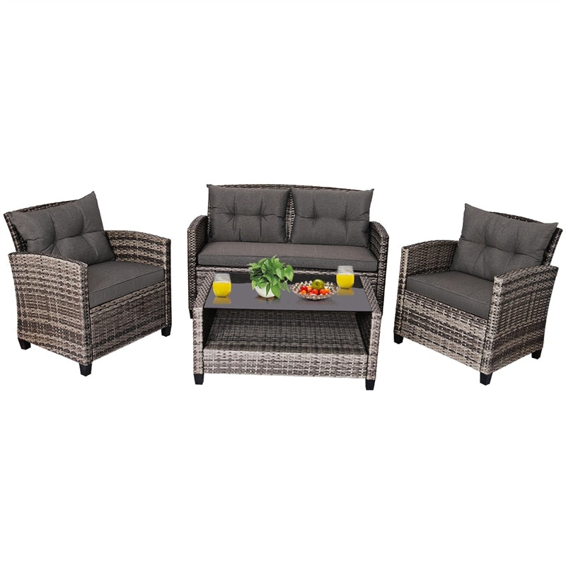 4 Piece Patio Wicker Conversation Furniture Set Outdoor Rattan Sofa Seating Group with Padded Cushions & Tempered Glass Coffee Table