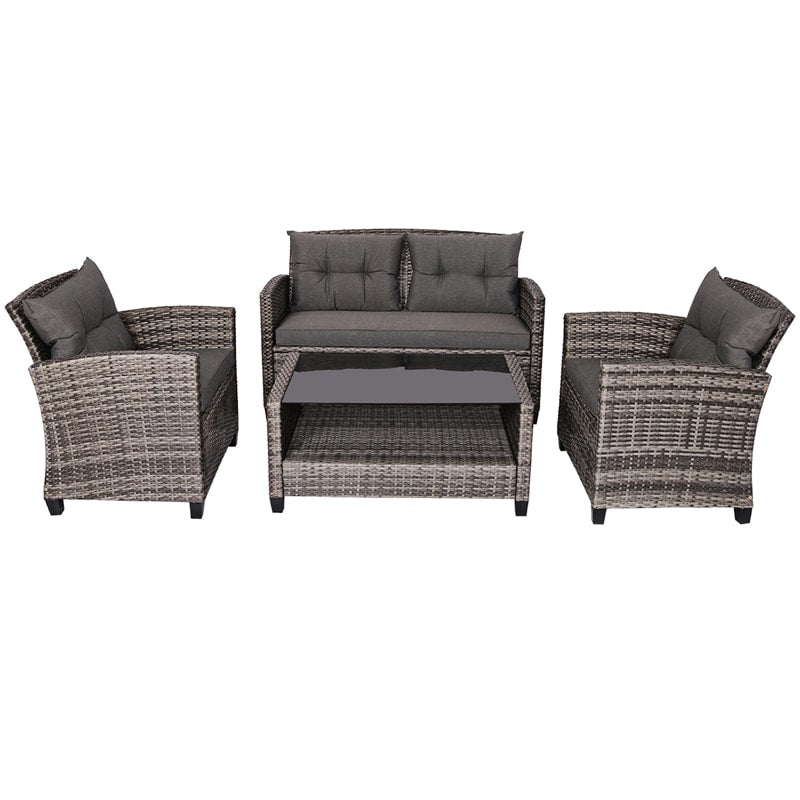 4 Piece Patio Wicker Conversation Furniture Set Outdoor Rattan Sofa Seating Group with Padded Cushions & Tempered Glass Coffee Table