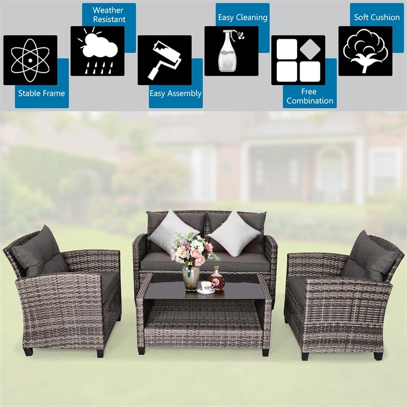 4 Piece Patio Wicker Conversation Furniture Set Outdoor Rattan Sofa Seating Group with Padded Cushions & Tempered Glass Coffee Table