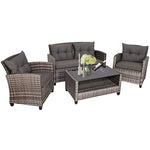 4 Piece Patio Wicker Conversation Furniture Set Outdoor Rattan Sofa Seating Group with Padded Cushions & Tempered Glass Coffee Table