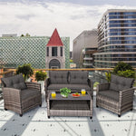 4 Piece Patio Wicker Conversation Furniture Set Outdoor Rattan Sofa Seating Group with Padded Cushions & Tempered Glass Coffee Table