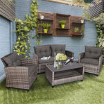 4 Piece Patio Wicker Conversation Furniture Set Outdoor Rattan Sofa Seating Group with Padded Cushions & Tempered Glass Coffee Table