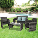 4 Pieces Wicker Patio Conversation Set Outdoor Rattan Chair Furniture with Cushions & Tempered Glass Coffee Table