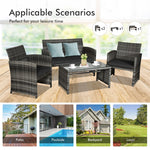 4 Pieces Wicker Patio Conversation Set Outdoor Rattan Chair Furniture with Cushions & Tempered Glass Coffee Table