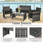 4 Pieces Wicker Patio Conversation Set Outdoor Rattan Chair Furniture with Cushions & Tempered Glass Coffee Table